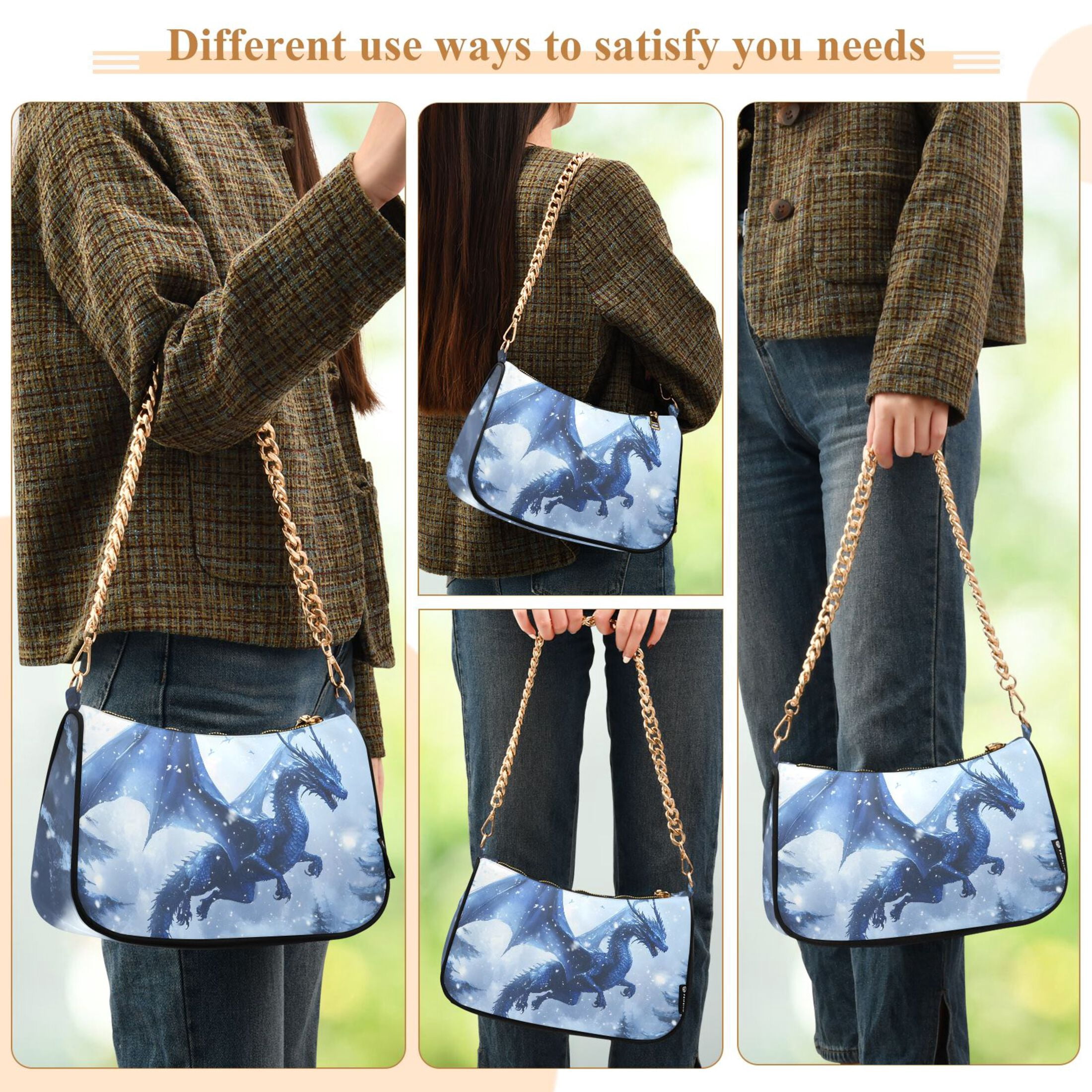 Ryvnso Dragon Flying in Winter Womens Chain Shoulder Bag Tote Handbags Clutch Hobo Purse with Zipper for Travel
