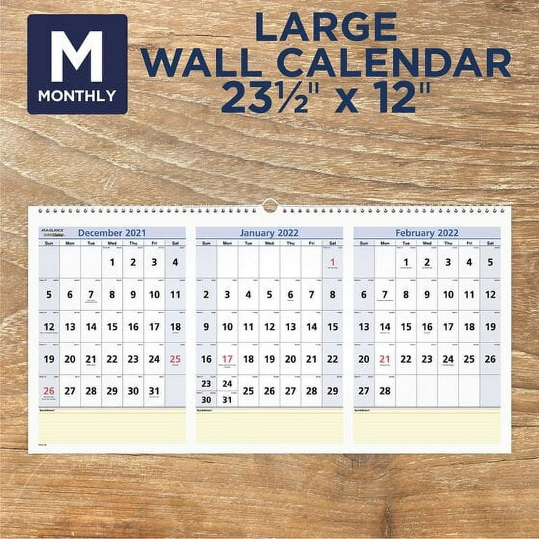AT-A-GLANCE QuickNotes 3-Month Horizontal Wall Calendar, 24" x 12",  December 2021 to February 2023 - PM152822 - Walmart.com