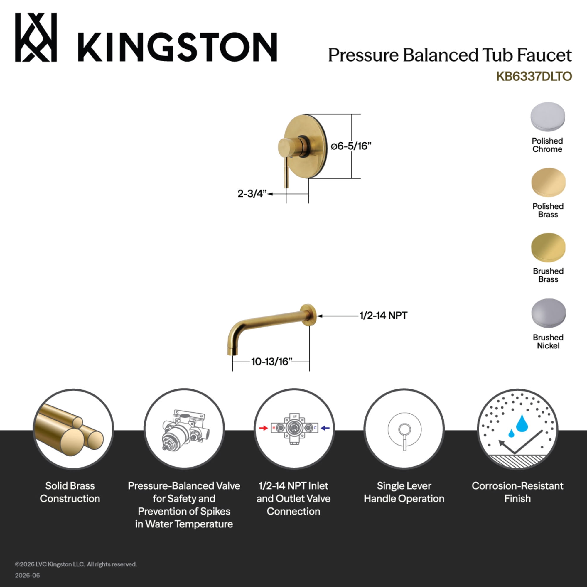 Kingston Brass KB6332DLTO Concord Single-Handle Pressure Balanced Tub Faucet in Polished Brass