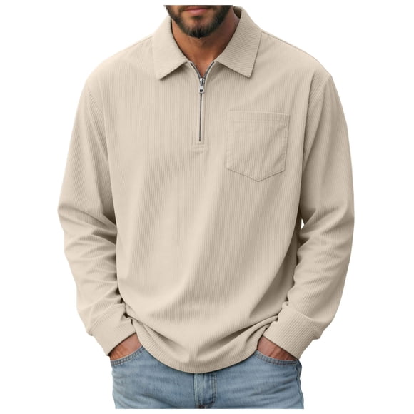 Ketyyh-chn99 Long Sleeve Polo Shirts for Men Knit Polo Men's Long Sleeve Solid Color Half Zipper Chest Pocket Long Sleeve Size for 2XL,Khaki