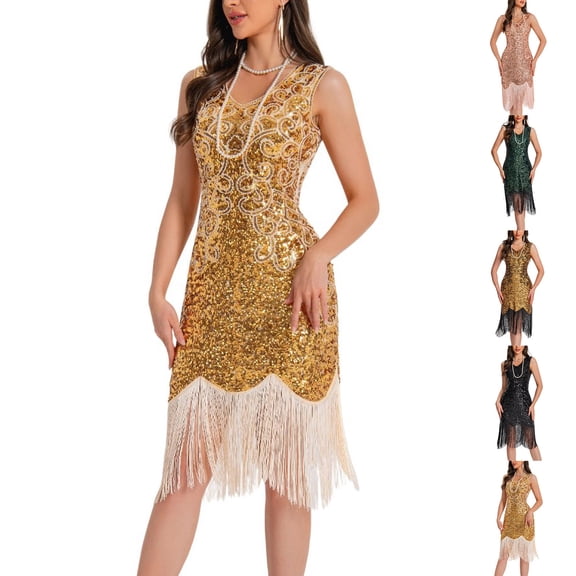 YTCAMLO 1920s Flapper Dresses for Women Vintage V Neck Midi Dress with Flowy Tassel Slim Cocktail Sleeveless Sequin Dress for Party
