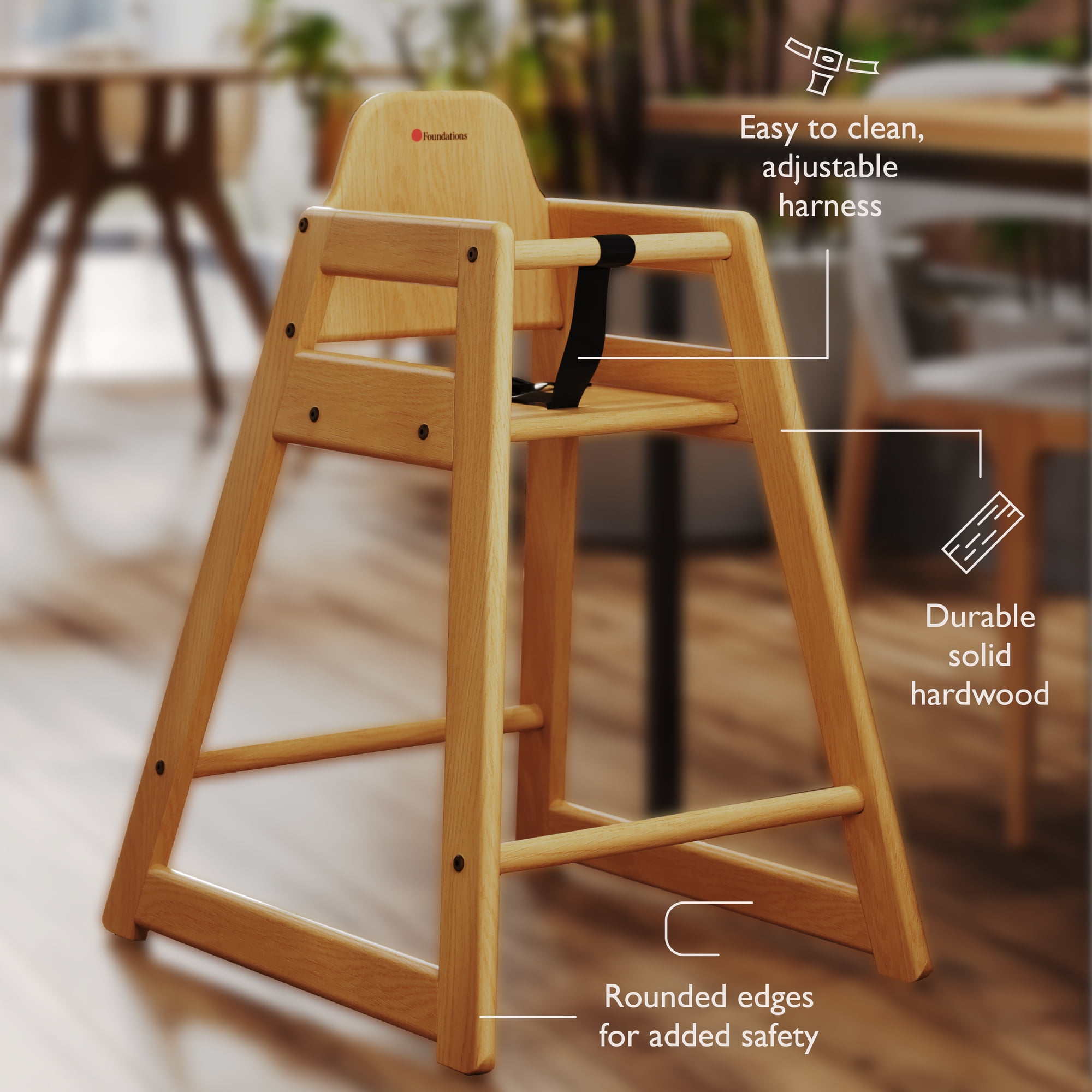 Foundations NeatSeat Wooden High Chair for Toddlers, Stackable, 3-Point Harness, Natural Finish