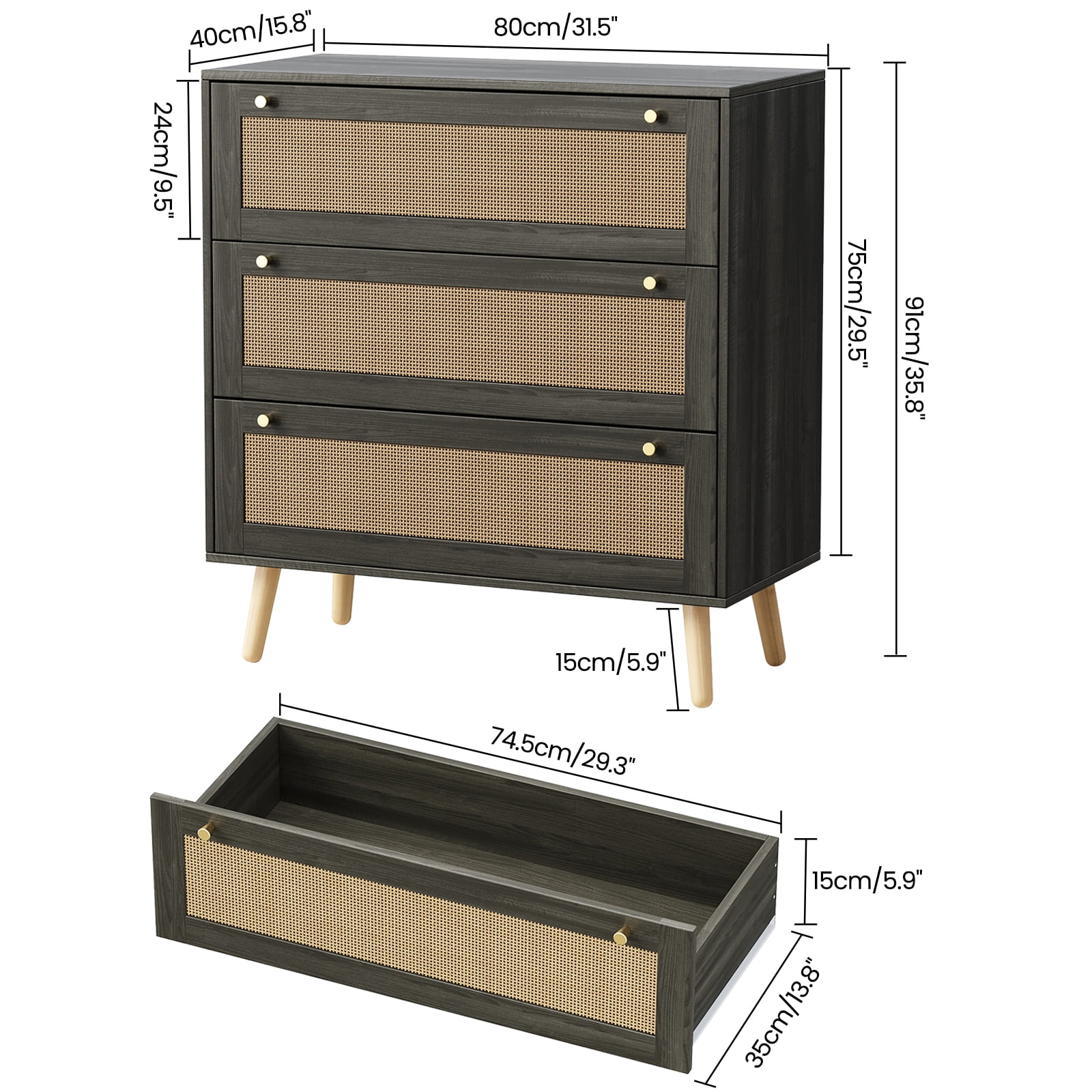 Dresser for Bedroom, 36'' Rattan Modern Chest of Drawers, 3 Drawer Storage Dresser, Closet Dressers with Golden Handles, Farmhouse Nightstand for Hallway, Living Room, Entryway