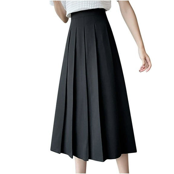 OAVQHLG3B Womens Midi Skirt Pleated A-Line Fashion Casual Solid Color Plain High Waist Skater School Uniform Basic Long Skirts
