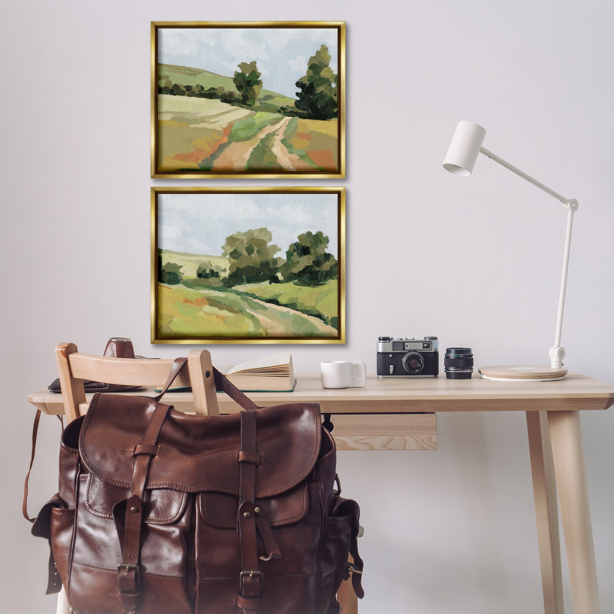 Stupell Industries Abstract Country Road Landscape Landscape & Nature Painting Gold Floater Framed Canvas Art Print Wall Art, 21 x 17, Set of 2