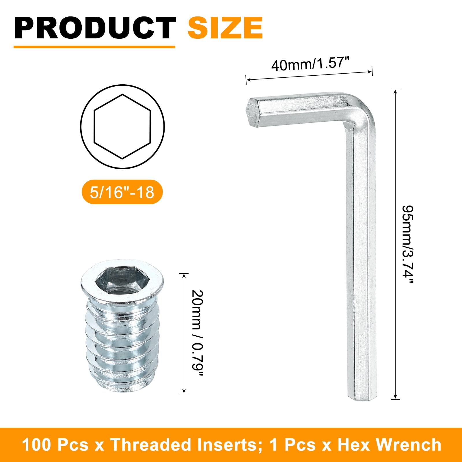 100 Pcs Threaded Insert for Wood, 5/16 - 18 Threaded Studs 20mm Length, Silver