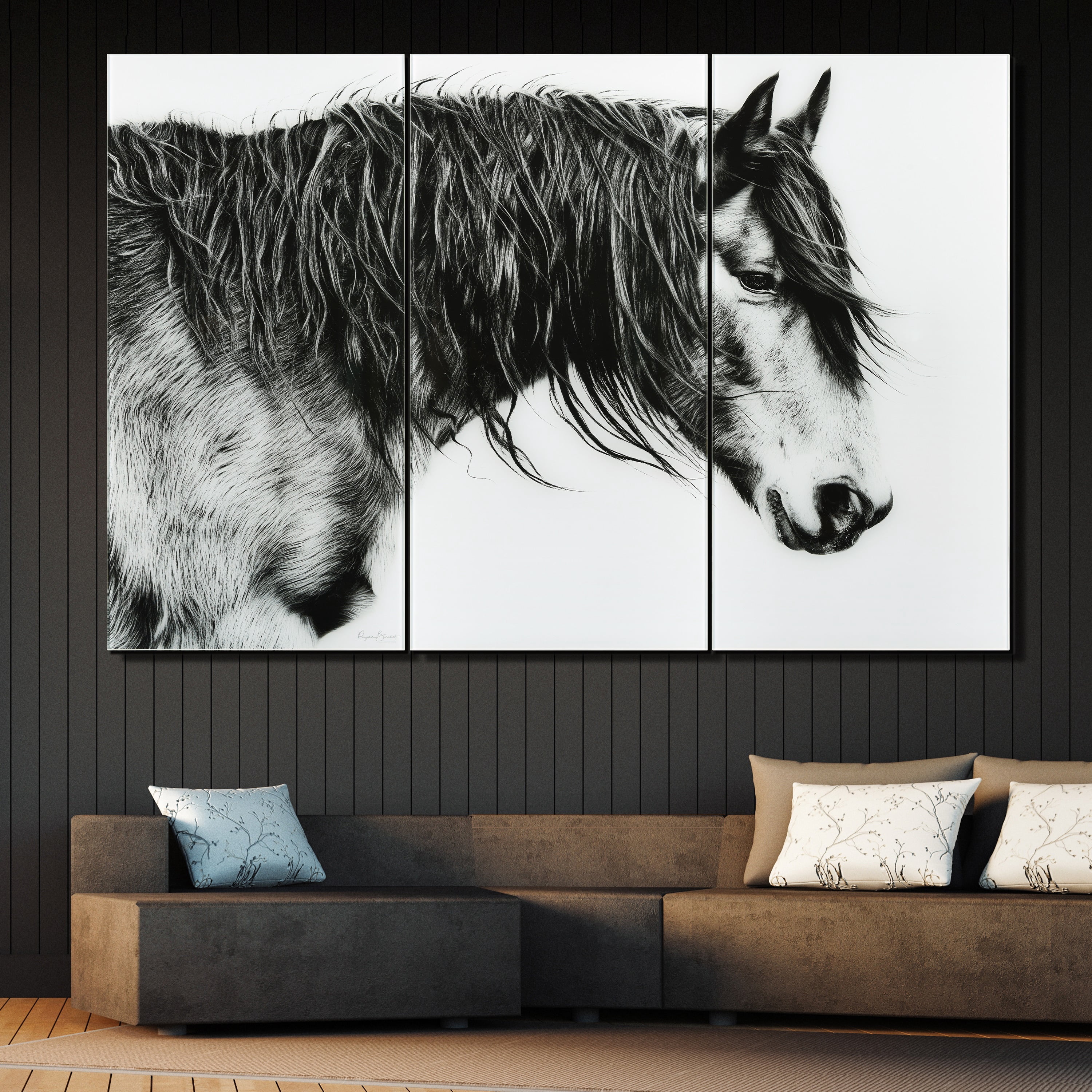 Black and White Horse Portrait III ABC 36 in x 72 in Mixed Media Art, by Empire Art 3 Count