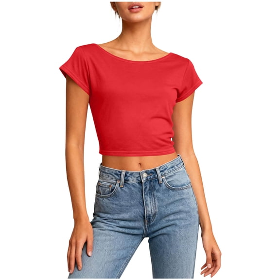 Crop Tees for Women Backless Crew Neck Short Sleeve Crop Tops Female Solid Color Pullover Cropped T-Shirt
