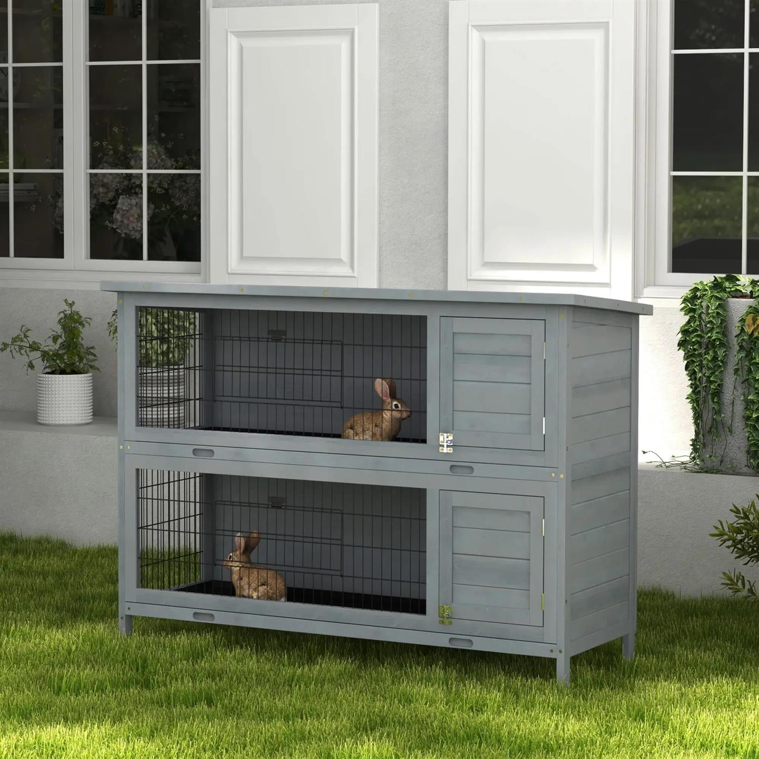 Pefilos 54" Wooden Rabbit Hutch with Lockable Doors, No Leak Tray, Outdoor Bunny Enclosure Guinea Pig Cage for Small Animals, Gray