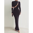 thumbnail image 2 of GXFC Women Autumn Bodycon Long Party Dress Sheer Patchwork Solid Dress Long Sleeve Crewneck Split Hem Dress Evening Dress, 2 of 9