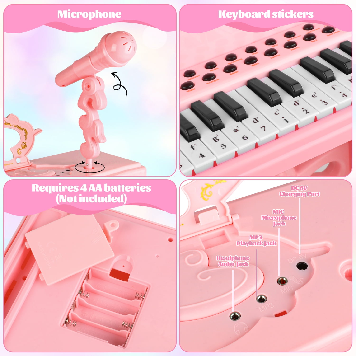 Beefunni Kids Electronic Musical Instrument Piano Learning Toy Keyboard w/Multiple Sounds, Lights, Microphone, Stool, Birthday Gift for Girls 3 4 5 6 Years Old-Pink