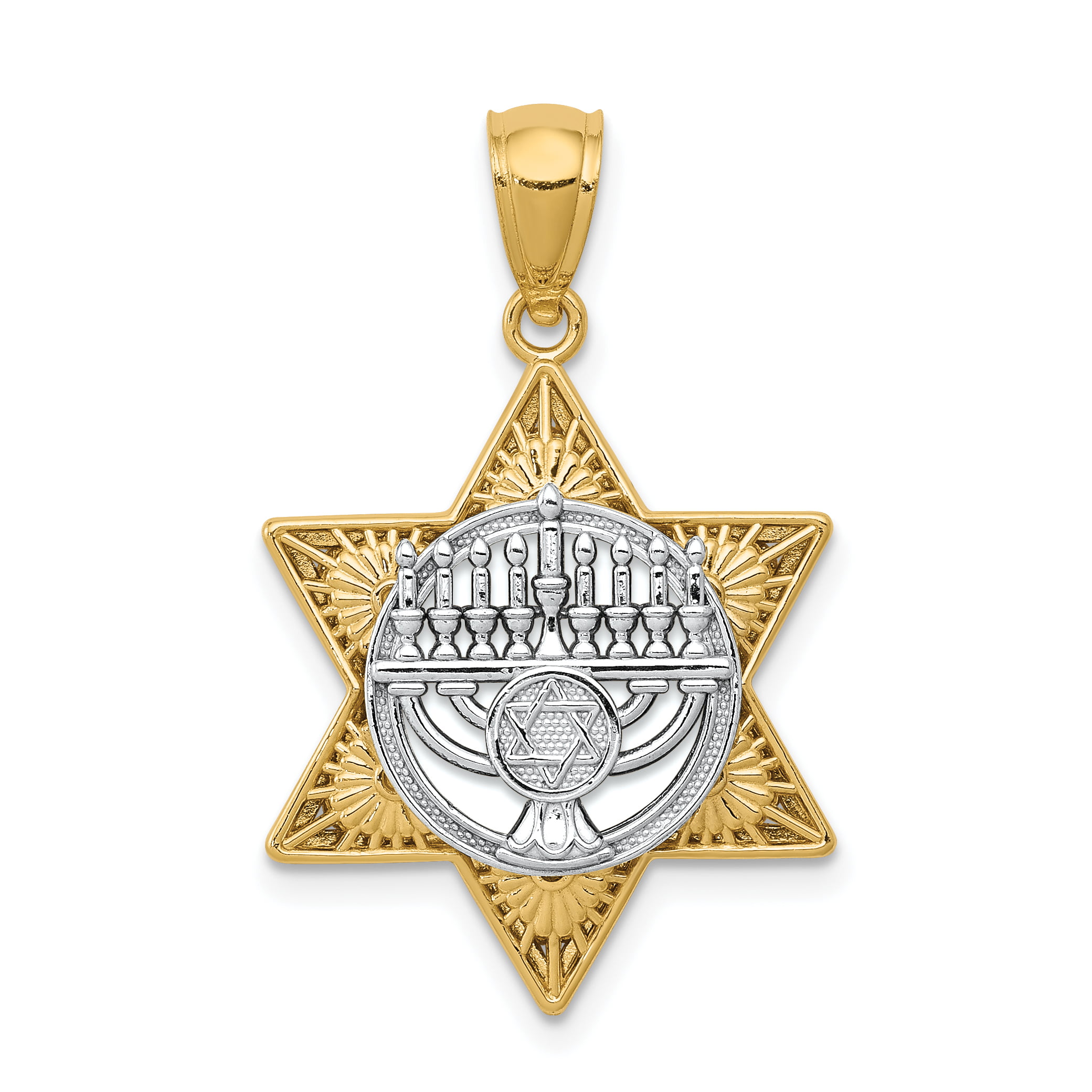 Fine White 14k Gold Star of David with Menorah Pendant Necklace
