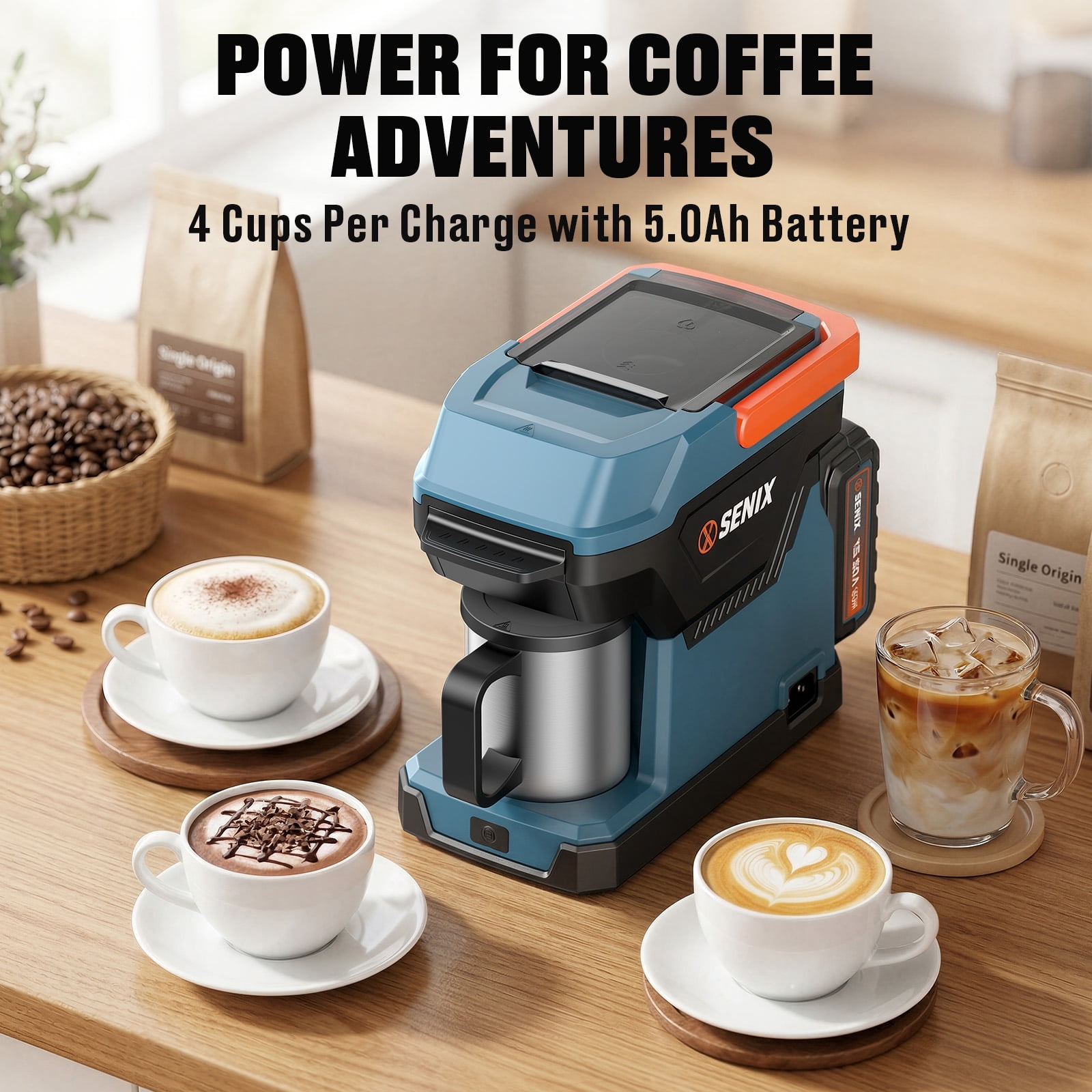 SENIX Coffee Maker, 20V Cordless & 120V AC Portable Single Serve Coffee Machine, Compatible with Ground Coffee, Pods & Capsules, for Travel, Camping, RV & Office