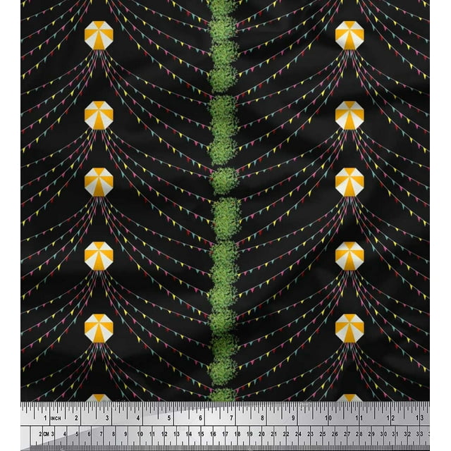 Soimoi Poly Georgette Fabric Leaves & Celebration Flag Party Printed Fabric 1 Yard 42 Inch Wide