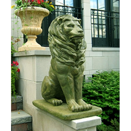 Concrete Lion Statues Set of 2 Regal Sitting Lion Cast Stone Concrete Moss Finish Outdoor Garden Statues ()