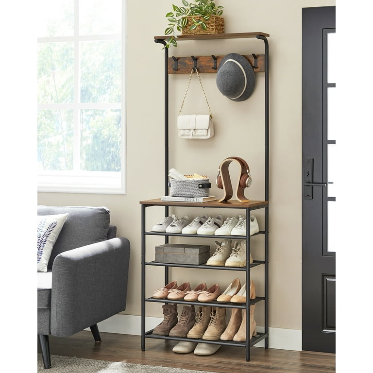 VASAGLE Industrial Hall Tree with Shoe Bench and Coat Rack 5 Tier Shoe Rack 5 Dual Hooks Top Shelf Entryway Organizer Rustic Brown and Black