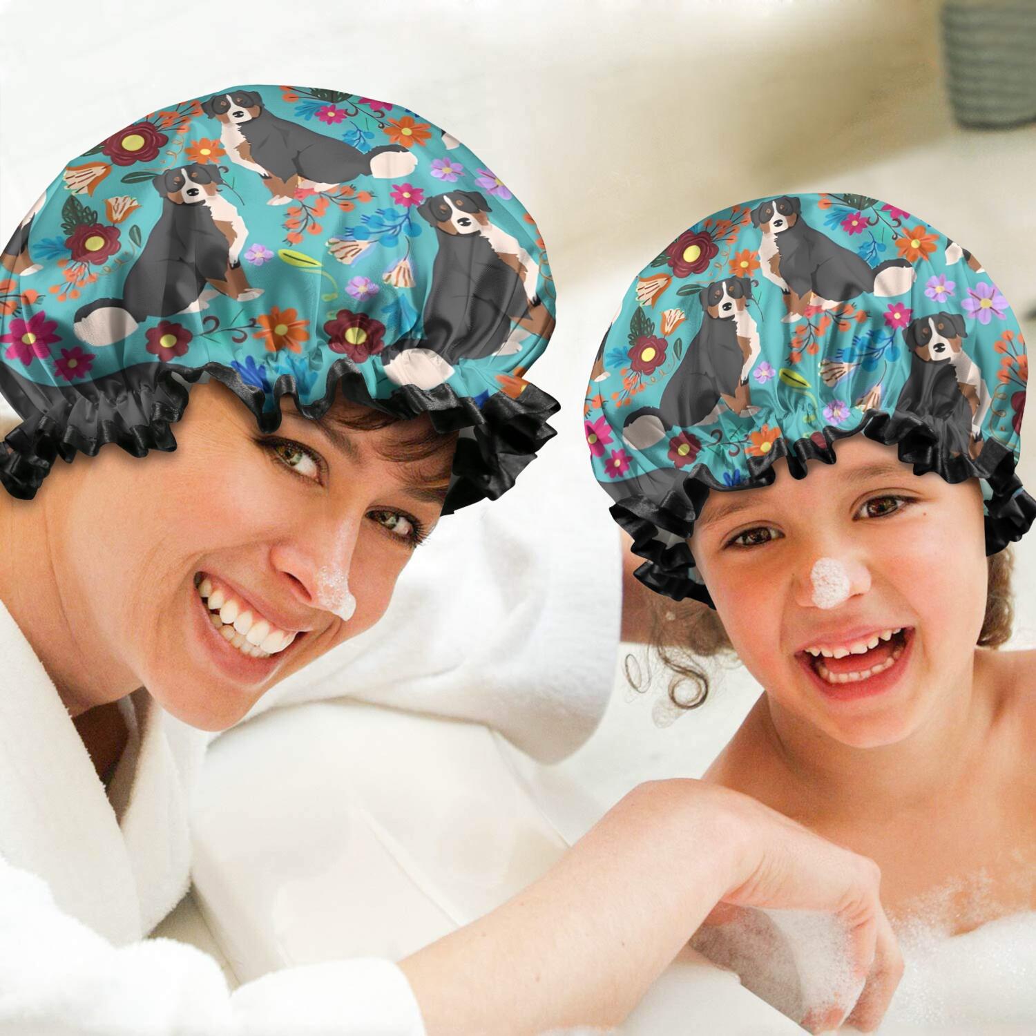 Shower Caps,Bernese Mountain and Flower Waterproof Shower Cap for Women 4 Pieces,Double Reusable Hair Cover for Shower PEVA Elastic Stretch Hem