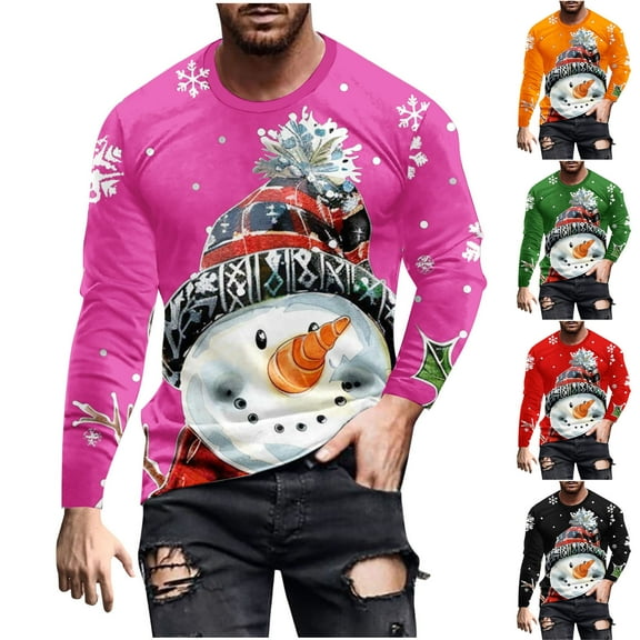 UVEASISHA Christmas Sales Mens Christmas Long Sleeve T Shirts Cute Snowman Graphic Crewneck Pullover Tops Big And Tall Stretchy Muscle Fit Tee Shirts Men's Xmas Gifts Black L