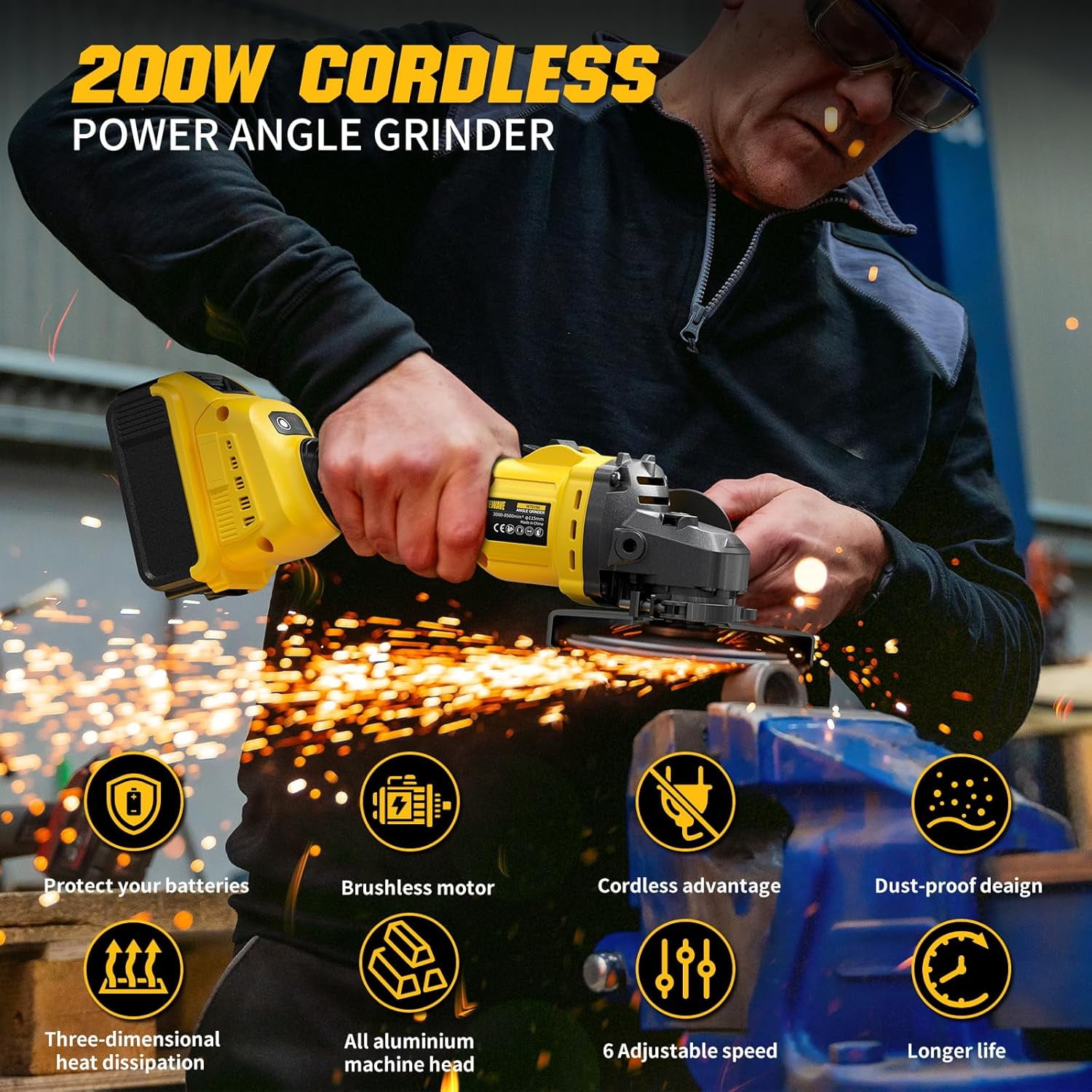 Professional Cordless Angle Grinder (Tool Only) - Fits DEWALT 20V Battery, 4-1/2" Brushless Power Angle Grinder with 6 Variable Speeds for Cutting, Grinding, Polishing
