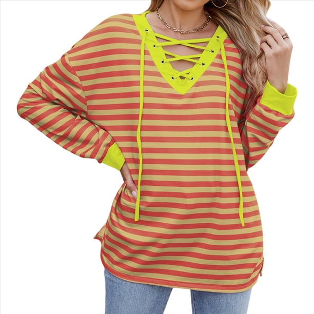 Sudadera Holgada Informal de Larga con Cuello Redondo y Bloques de Color para Mujer Naranja y Amarillo S