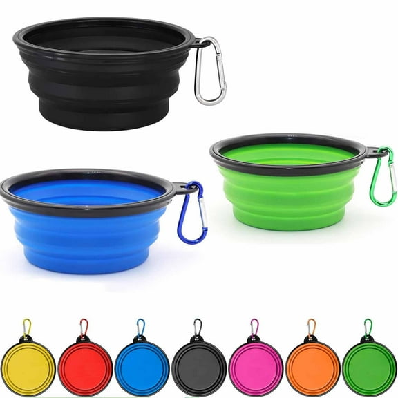 Collapsible Dog Bowls 3 Pack, Silicone Feeding Watering Bowls for Dogs Cats,Portable Pet Feeding Watering Dish for Walking Parking Traveling with 3 Carabiners 600ml, Black   Green   Blue