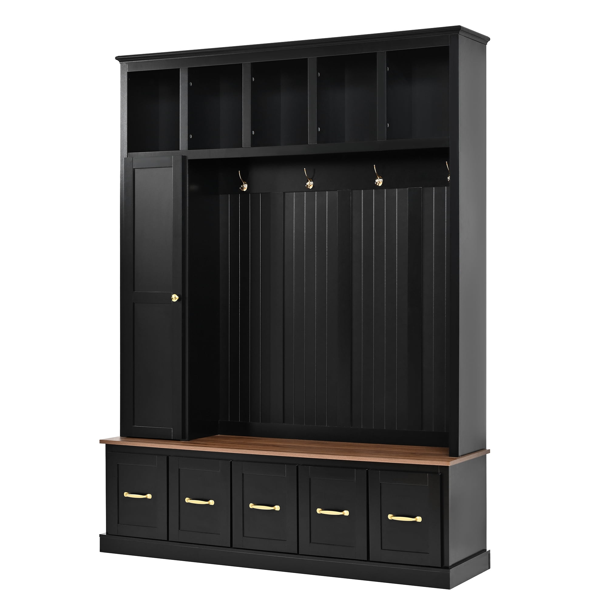 Howcool 59"W Hall Tree with Shoe Storage Bench and 5 Coat Hooks,Freestanding Organizer Cabinet with 5 Drawers,Top Cubbies for Entryway,Mudroom,Black