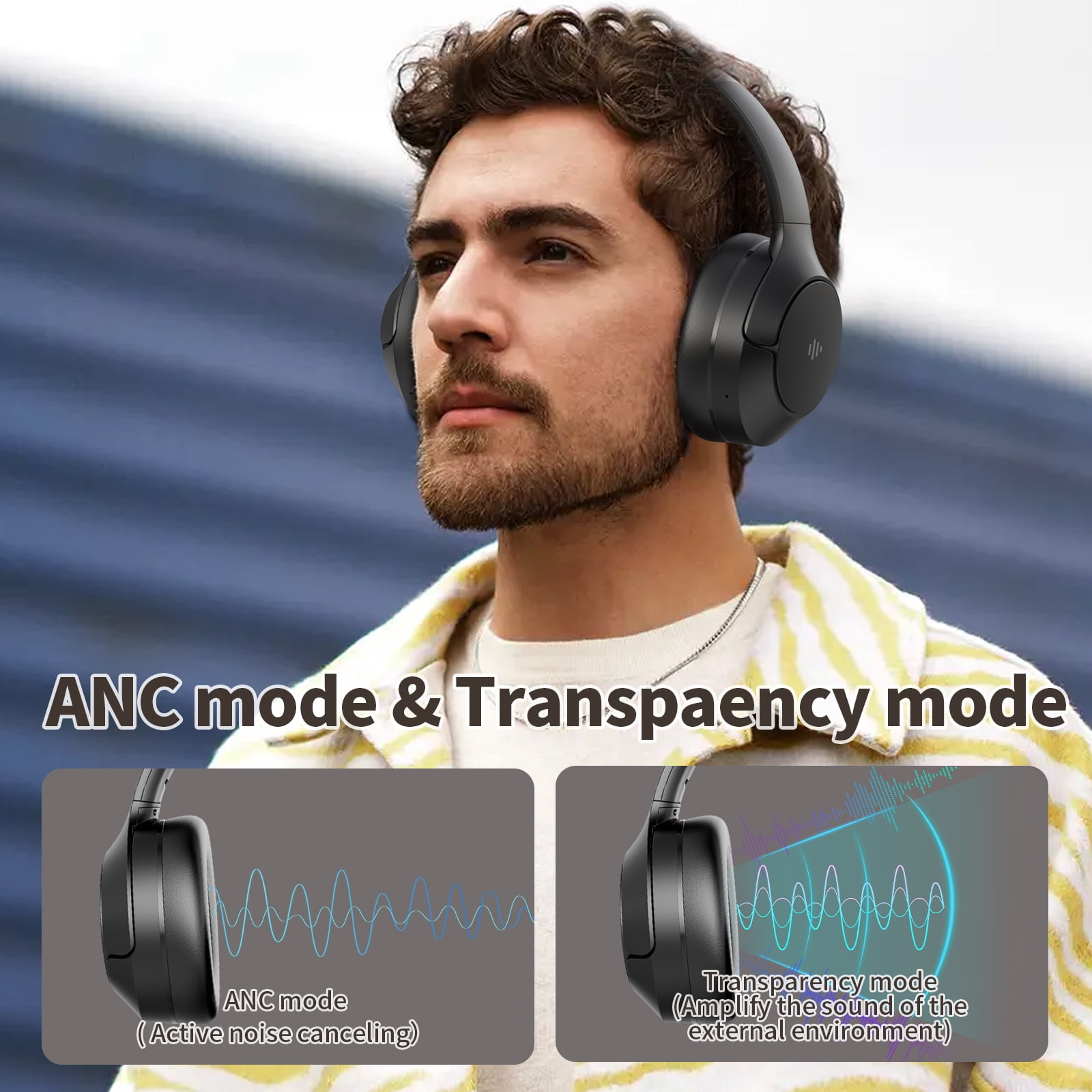 KVIDIO Active Noise Cancelling Headphones with Microphone, Deep Bass, 70H Running Time - Black
