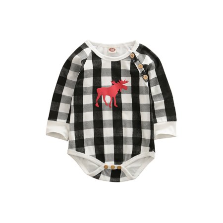 

Youweixiong Infant Baby Boys Girls Christmas Romper Long Sleeve Deer Print Plaid Jumpsuit One-piece Clothing Button Down Playsuit