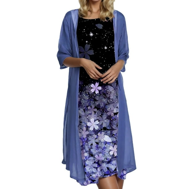 Womens Dress Women Summer Outfits Women Summer Casual Dress Vacation Floral Chiffon Sleeveless Maxi Dress Two Piece Set Adult Female Clothes Purple Size XXL Walmart