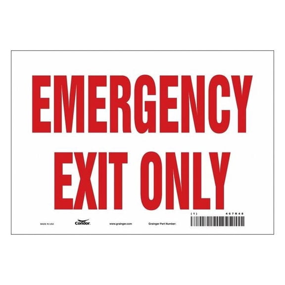 Condor Exit Sign, Vinyl, 10" W, 7" H, Emergency Exit Only, White 467R48