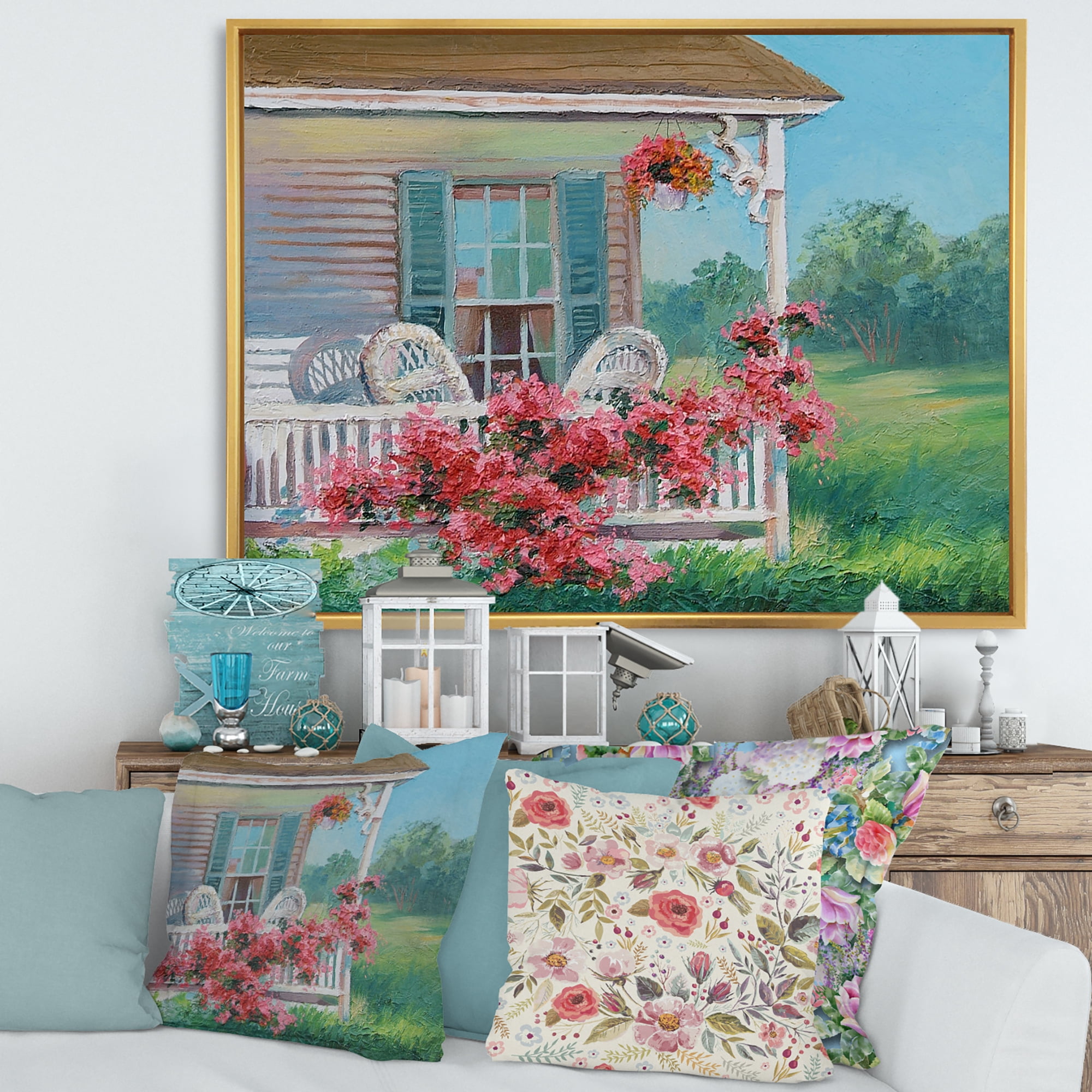 Patio & Blossiming Red Flowers With Wooden House 32 in x 16 in Framed Painting Canvas Art Print, by Designart