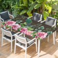 thumbnail image 2 of Spring Pink Roses Table Cloths for 4 Foot Rectangle Tables, Pastoral Eucalyptus Leaves Brown Wooden Patio Waterproof Elastic Fitted Tablecloths, Washable Rectangular Table Cover for Camping, 2 of 8