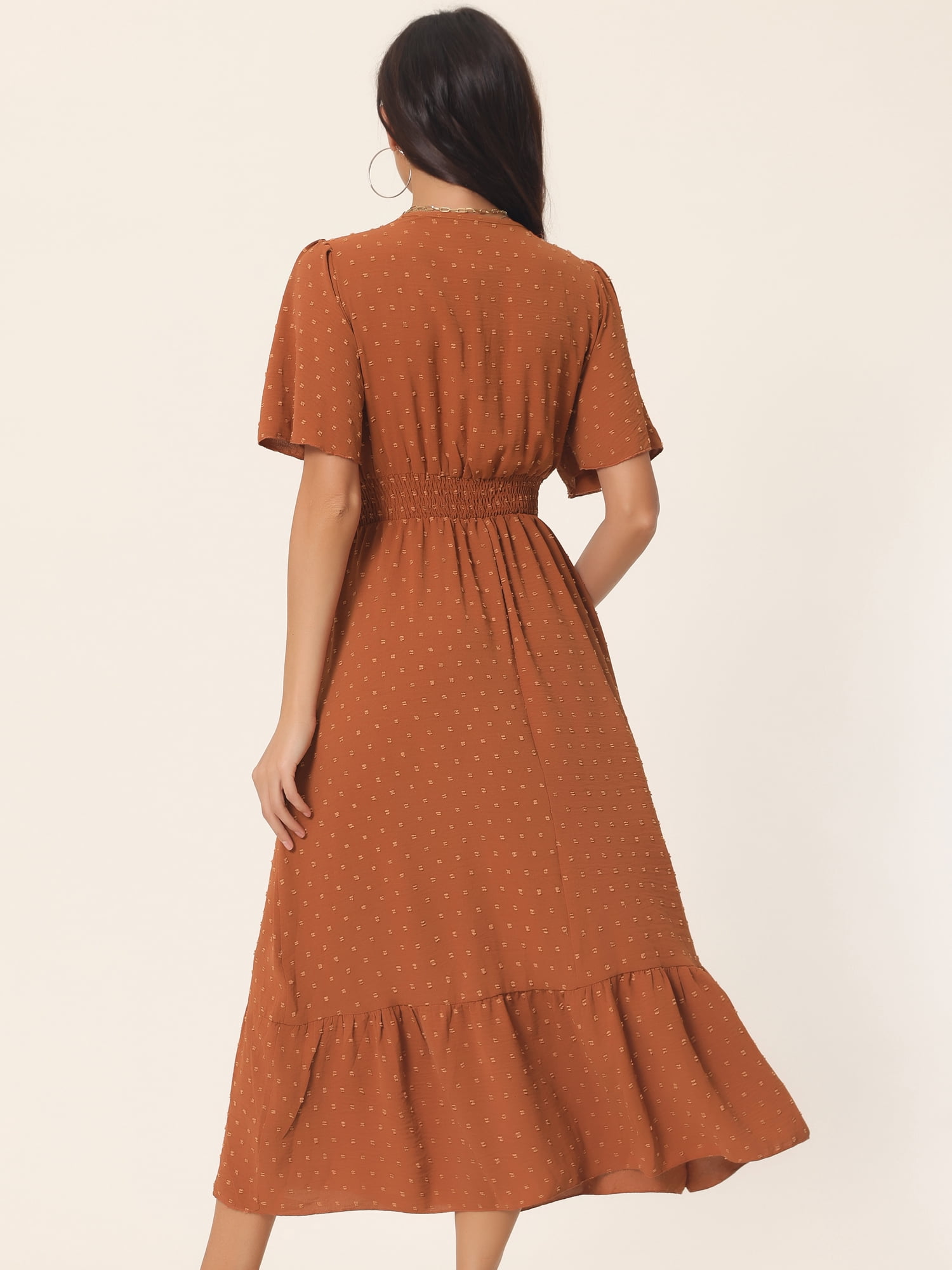 DARING DIVA Women's Swiss Dots Ruffle Midi Dresses S Caramel