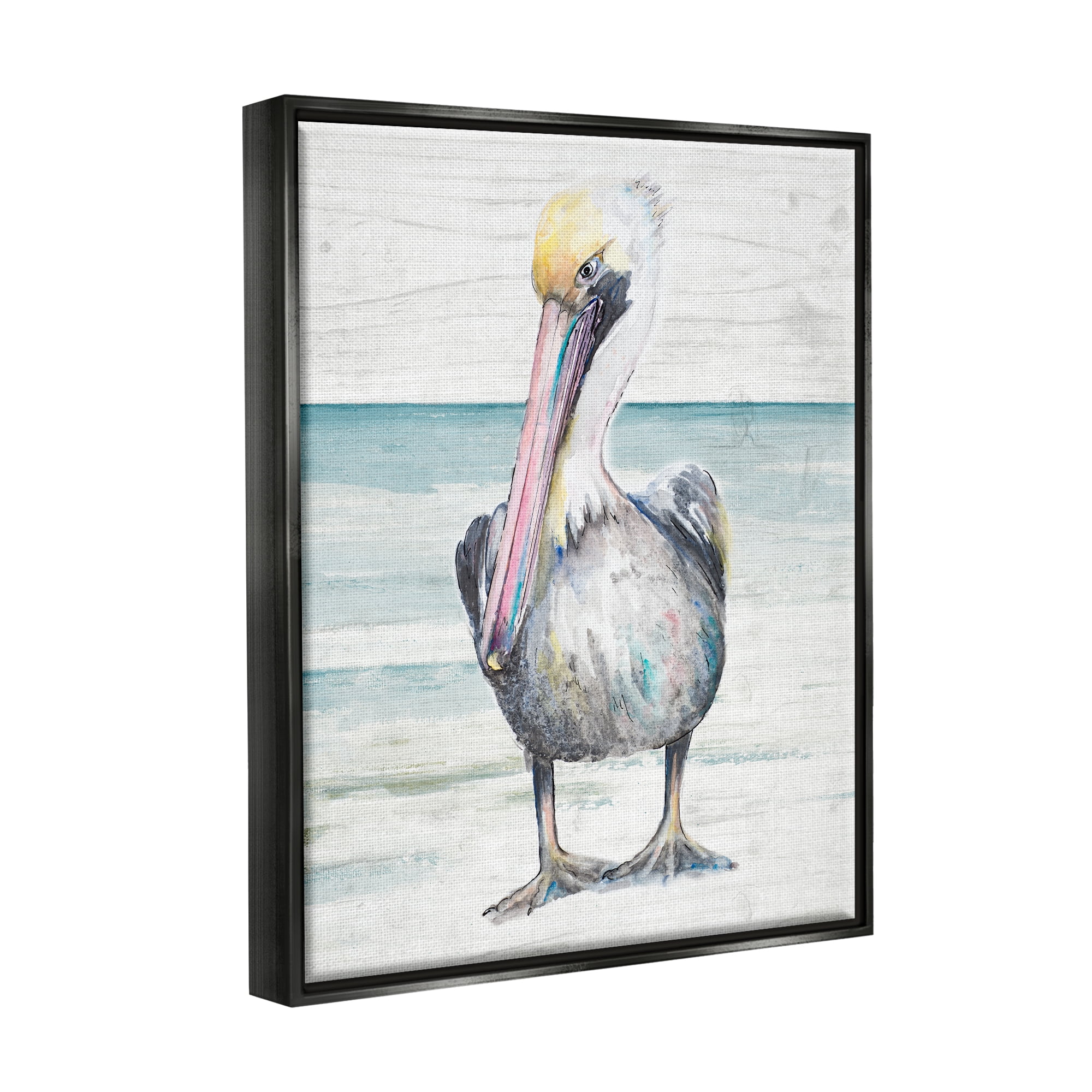 Stupell Industries Pelican Bird Standing Beach Sand Grain Pattern Graphic Art Jet Black Floating Framed Canvas Print Wall Art, Design by Patricia Pinto