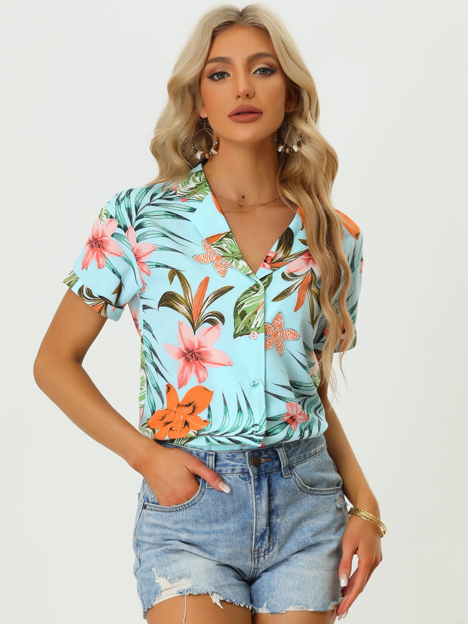 DARING DIVA Floral Leaves Print Short Sleeve Beach Top L Sky Blue