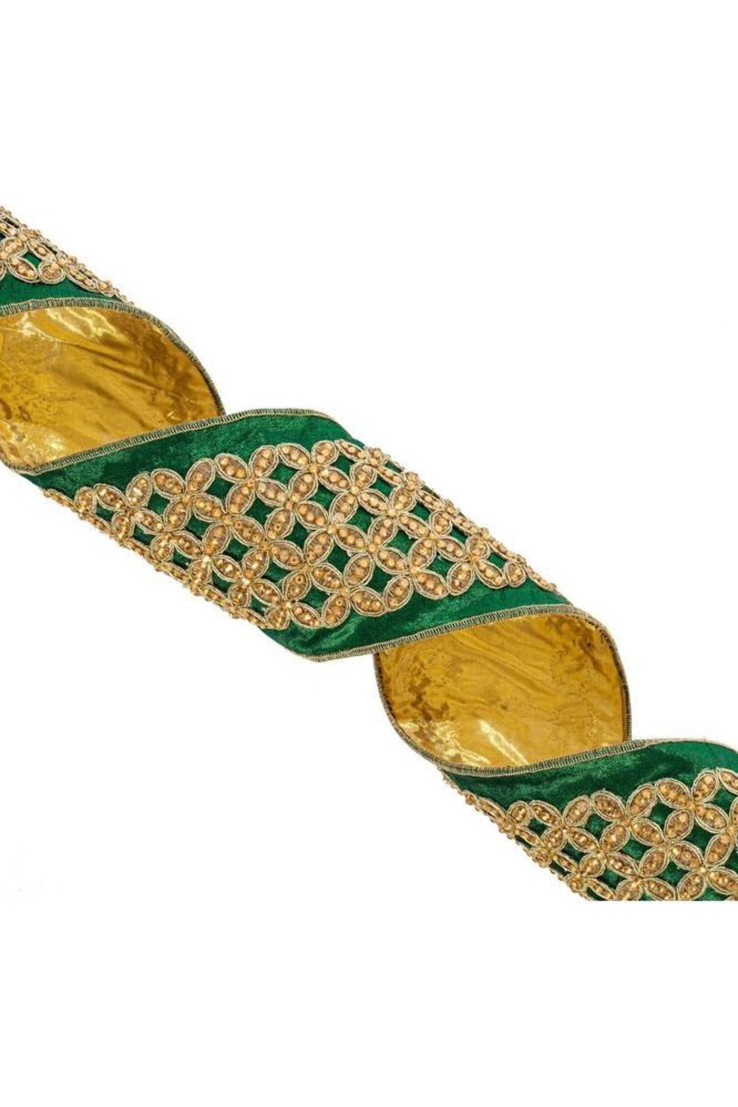 Vickerman 4" x 5 Yards Green with Gold Jeweled Wired Edge Christmas Ribbon.