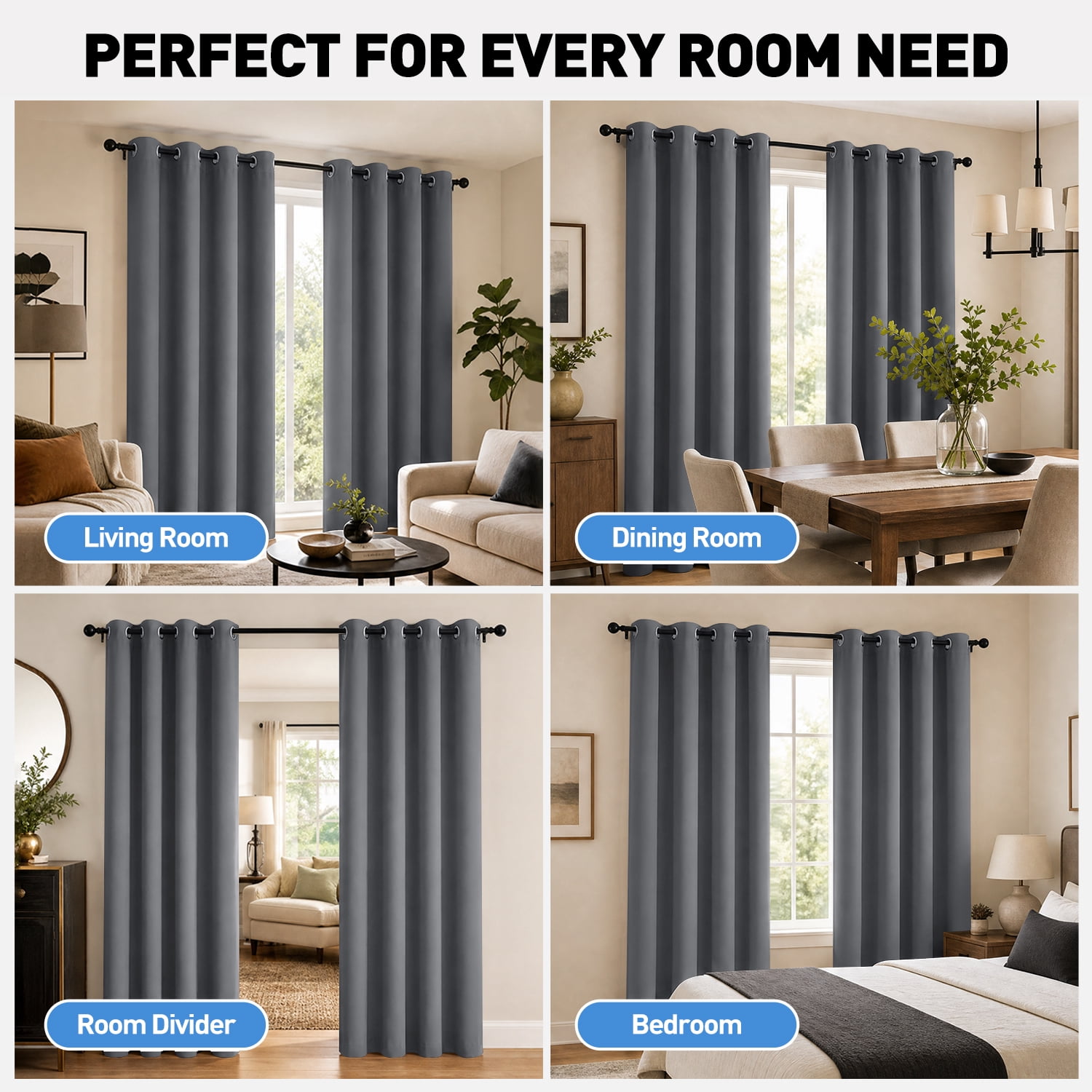 Blackout Curtains 52 x 84 inch, Thermal Insulated Black Curtains Set of 2 Panels, Noise Reduce Room Darkening Drapes for Bedroom, Living Room, Privacy Protection & Energy Saving, Dark Gray