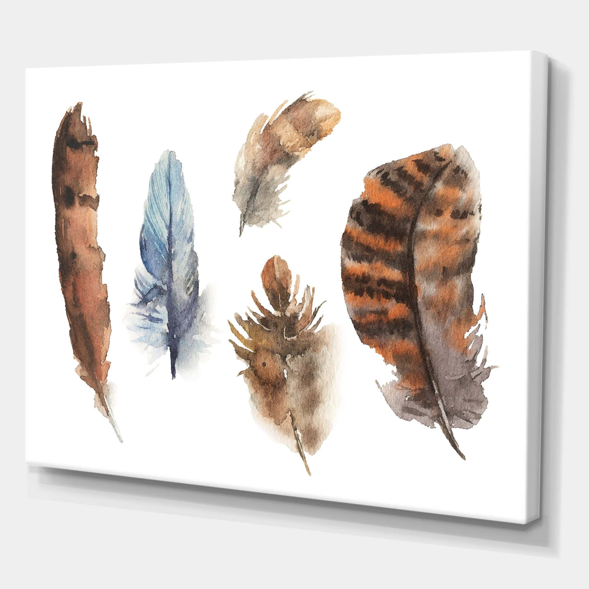 Designart ' Ethnic Boho Feathers In Earth Tones On White ' Bohemian & Eclectic Canvas Wall Art Print