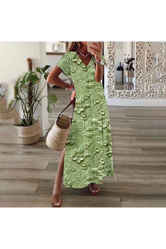Packable Short Sleeve V-Neck Dress-Travel Essential,Womens Spring and Summer V-Neck Solid Casual Short Sleeved Long Dress Green M