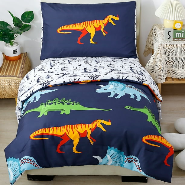 PERFEMET 4Piece Toddler Bedding Set Ultra Soft Cartoon Jurassic Dinosaur Print Boys Toddler