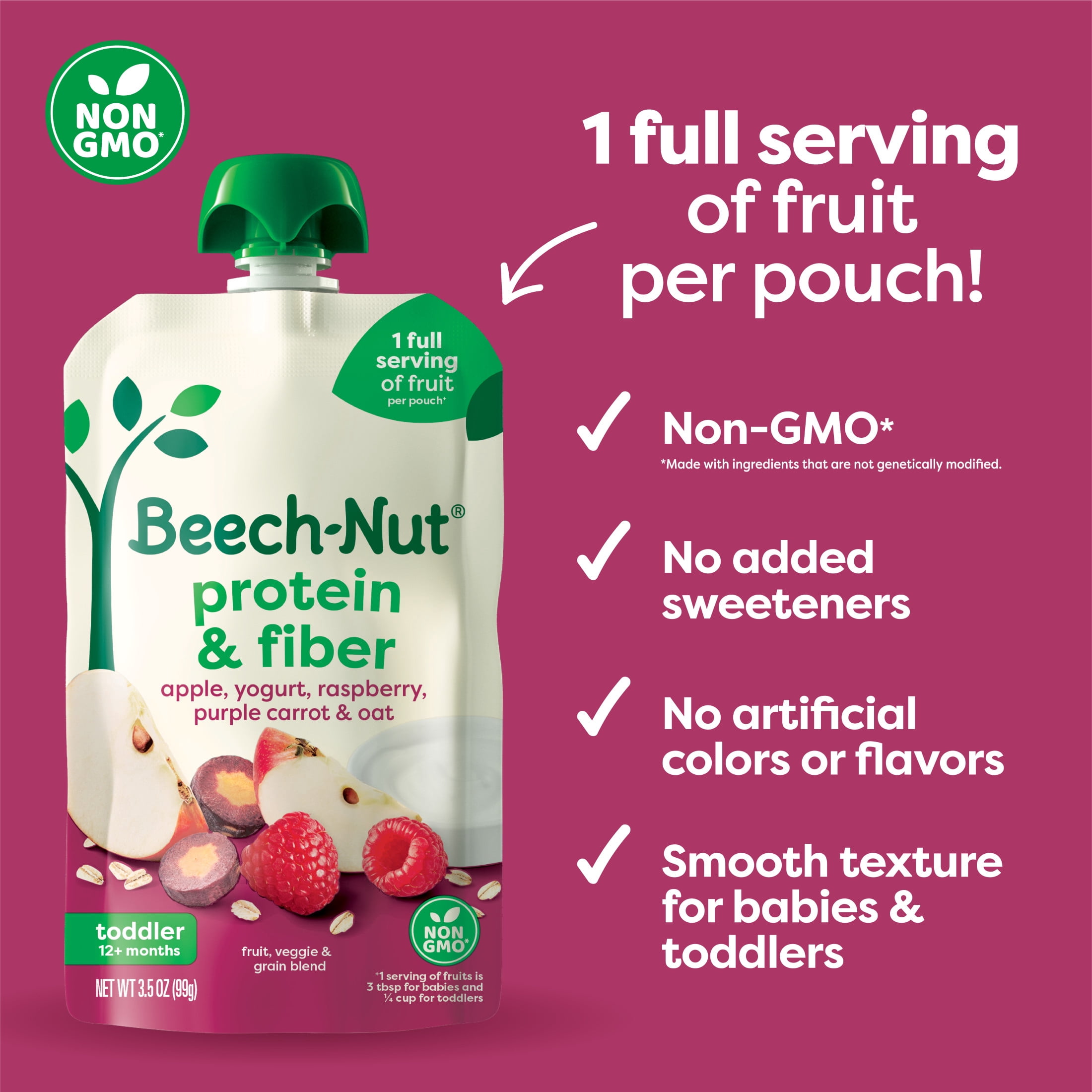 (12 pack) Beech-Nut Protein & Fiber Stage 4 Toddler Food, Apple Yogurt Raspberry Carrot Oats, 3.5oz