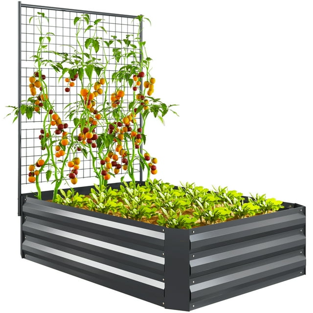 Outsunny Galvanized Raised Garden Bed with Trellis, Open Bottom, Dark Grey