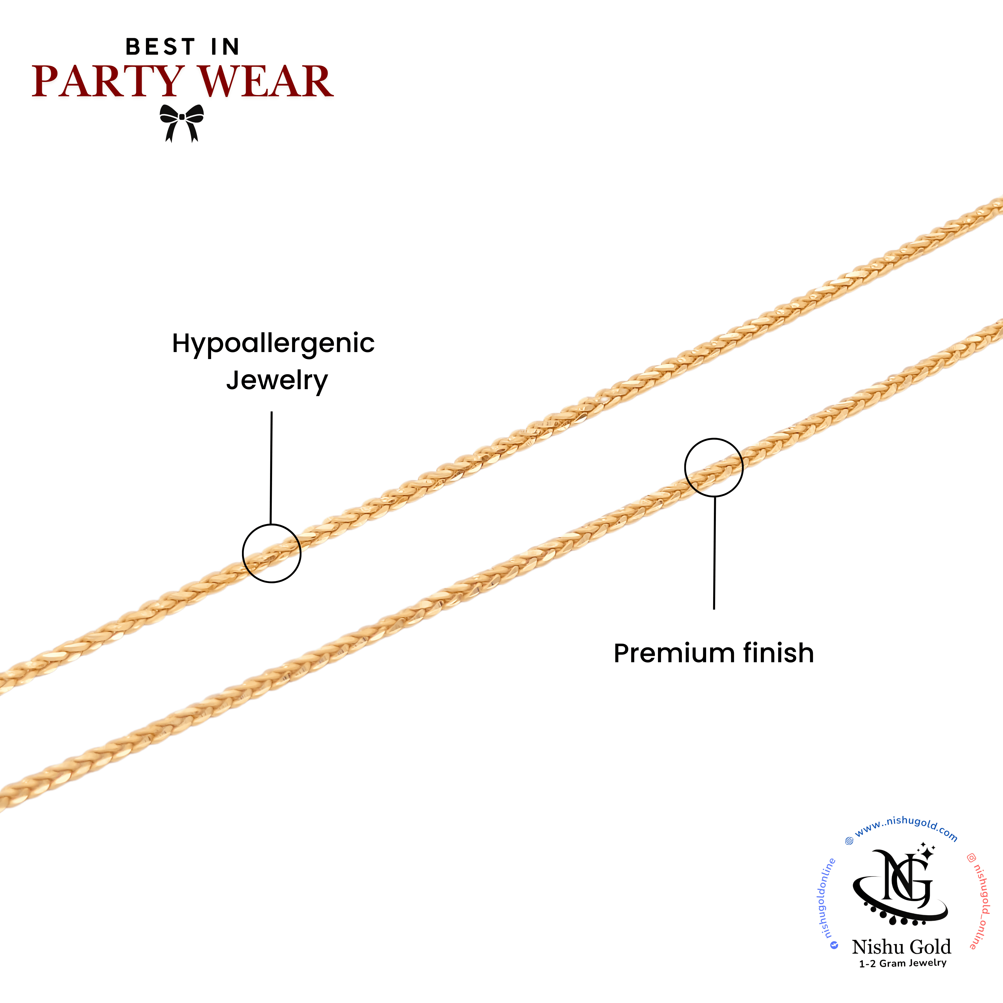 NISHU GOLD 24K Gold-Plated Chain Necklace, 18 Inch, Anti-Tarnish, Waterproof, Hypoallergenic