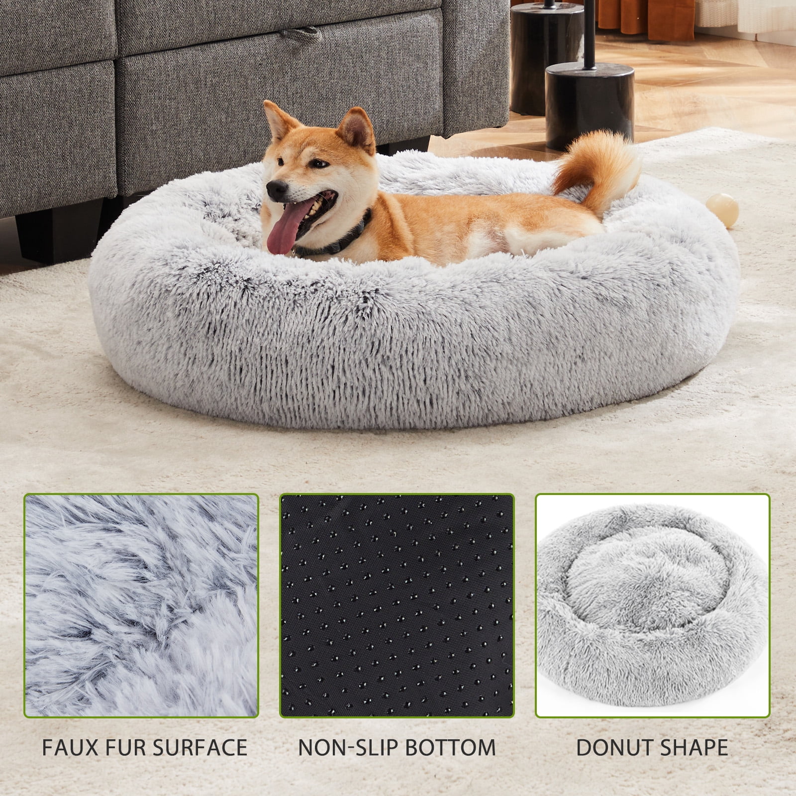 GIANNA Calming Donut Dog & Cat Bed, 20 Inches Round Fluffy Dog Beds for Medium Dogs, Anti-Anxiety Plush Dog Bed, Machine Washable Pet Bed, Gray