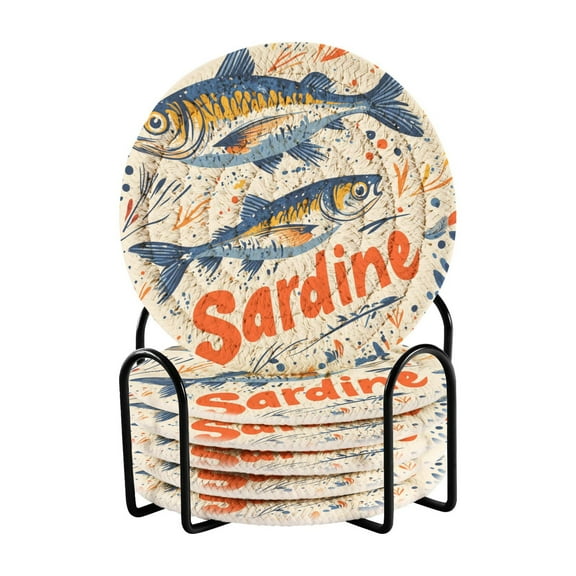 Yayeee 6 PCS Drink Coasters with Holder Set Woven Absorbent Round Tabletop Hot Pad, Blue Sardines Pattern