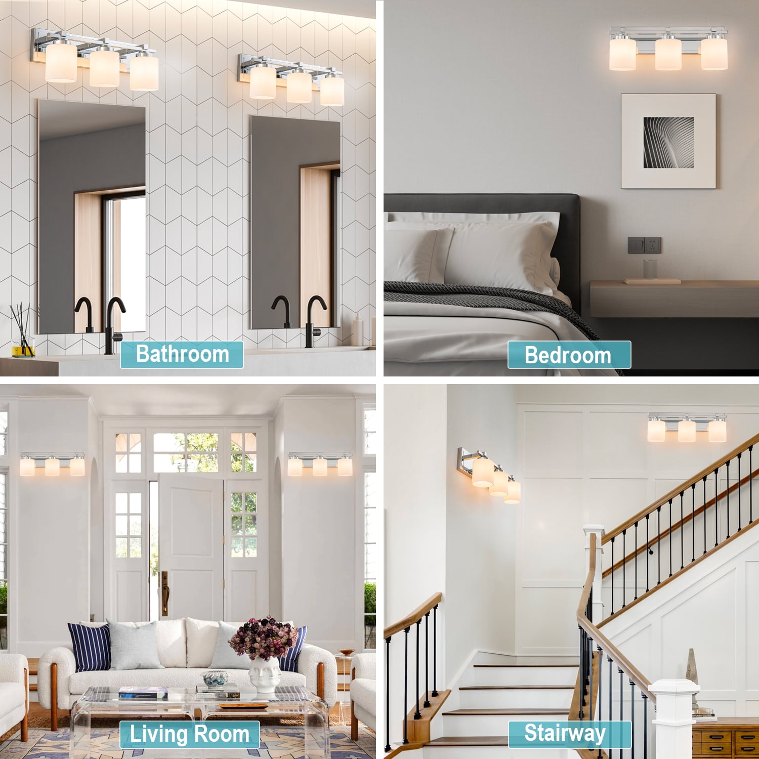 SineRise 3-Light Chrome Modern Bathroom Vanity Light with Milky White Glass Shades