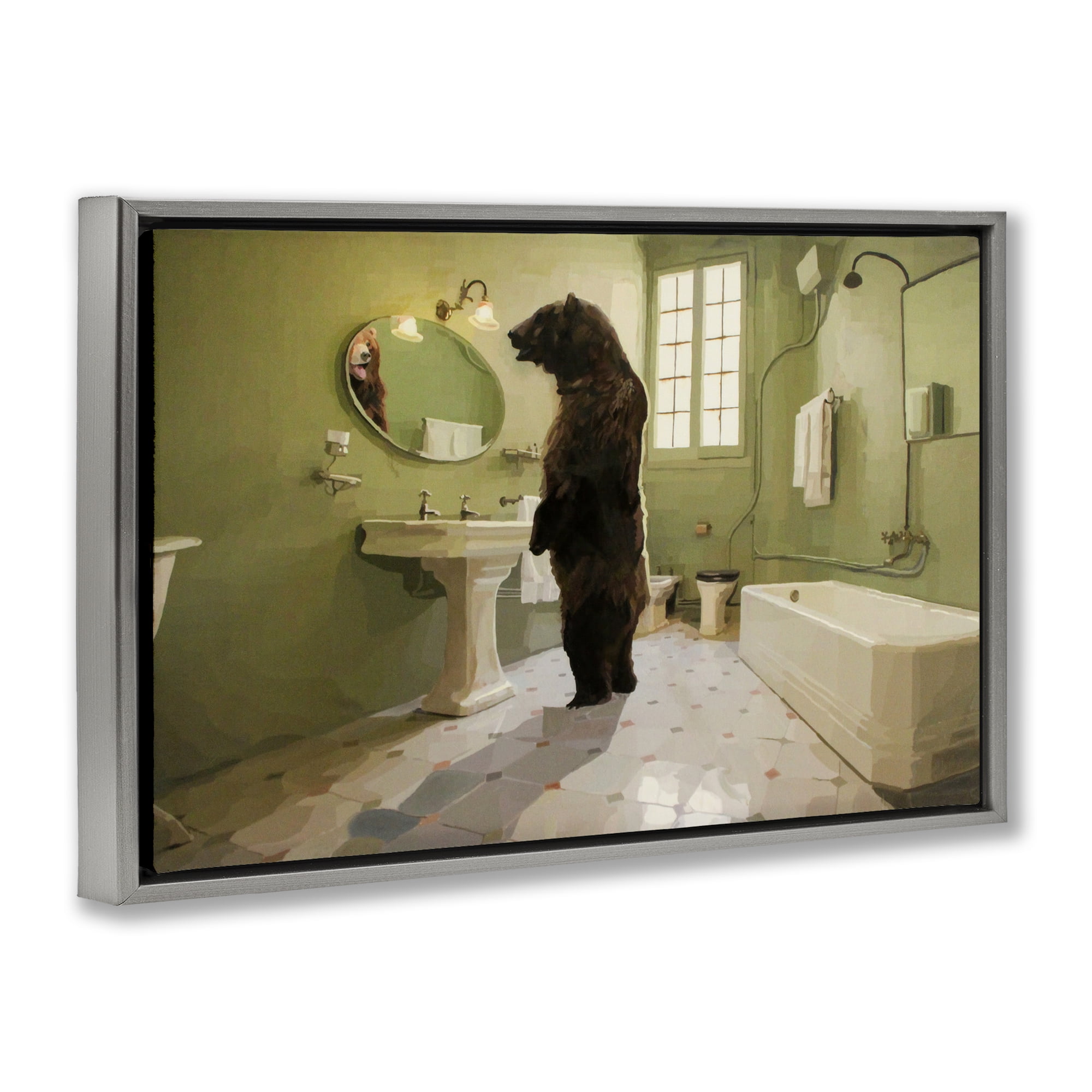 The Houseguest Bear in Bathroom Gray Framed Floater Canvas Wall Art, design by Keith Thomson