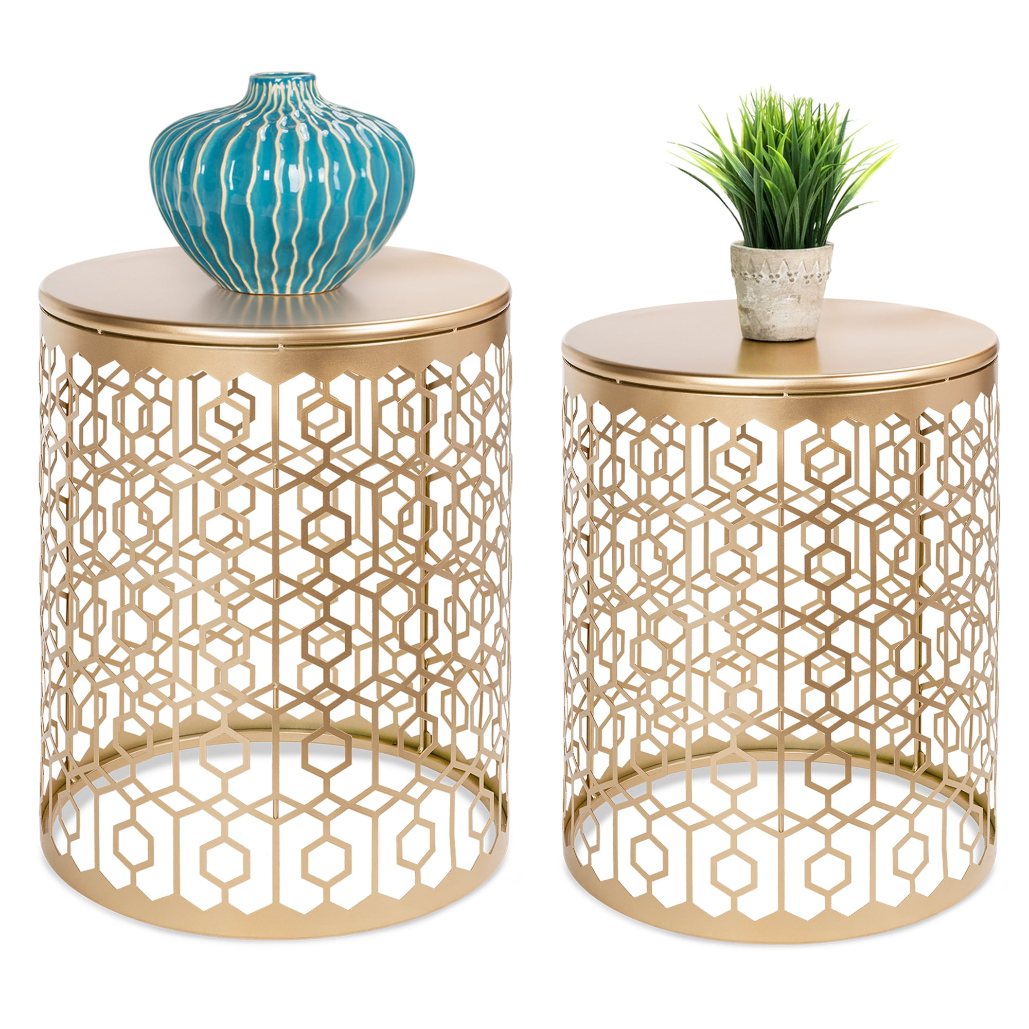 Details about   Decorative Nesting Round Patterned Accent Side Coffee End Tables Set Of 2 Gold 