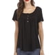 thumbnail image 1 of Las mujeres de cuello redondo Top botón Trim plisado busto de manga corta tipo suelto Casual T Shirt Negro M, 1 of 6