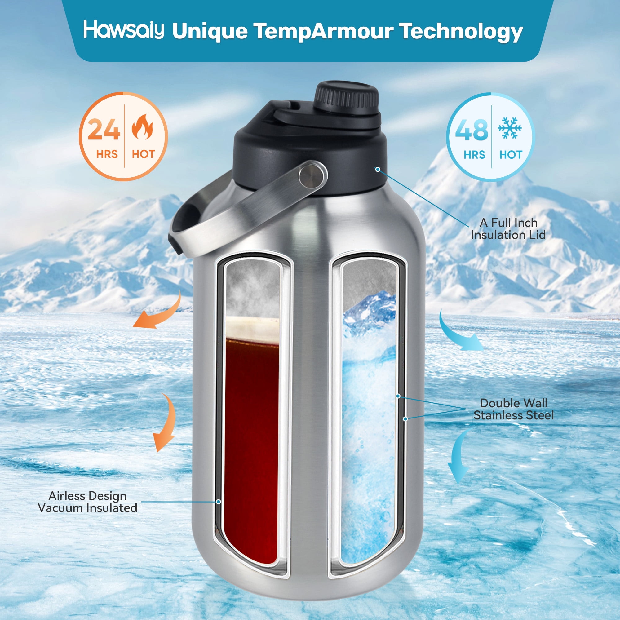 Hawsaiy 128oz Insulated Water Bottle with Wide Mouth, One Gallon Stainless Steel Double Vacuum Water Bottle for Hot & Cold Drinks, Large Water Bottle with Handle, Big Water Jug for Sports, Travel